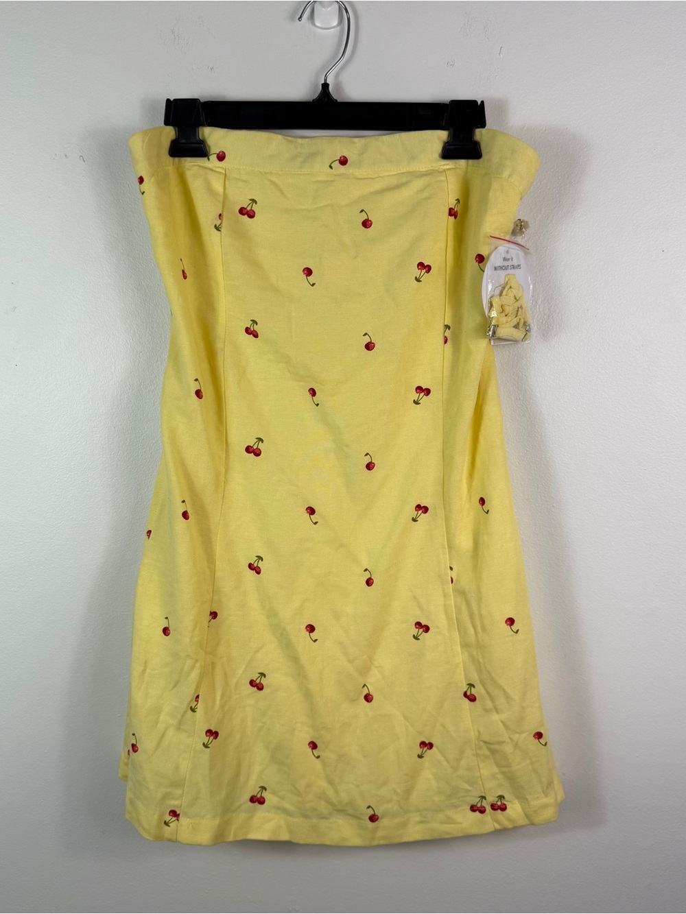 NWT Jessica Simpson Cherry Print Linen Blend Strapless Mini Dress Size M Yellow